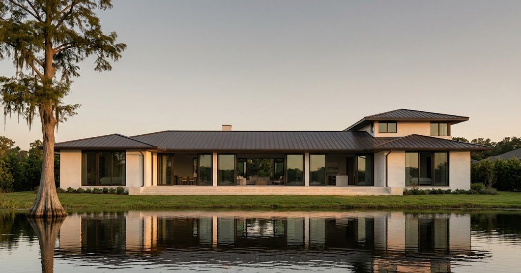 The Butler Chain house seen from the water at last light, a long low roof and a wall of glass reflected in the lake