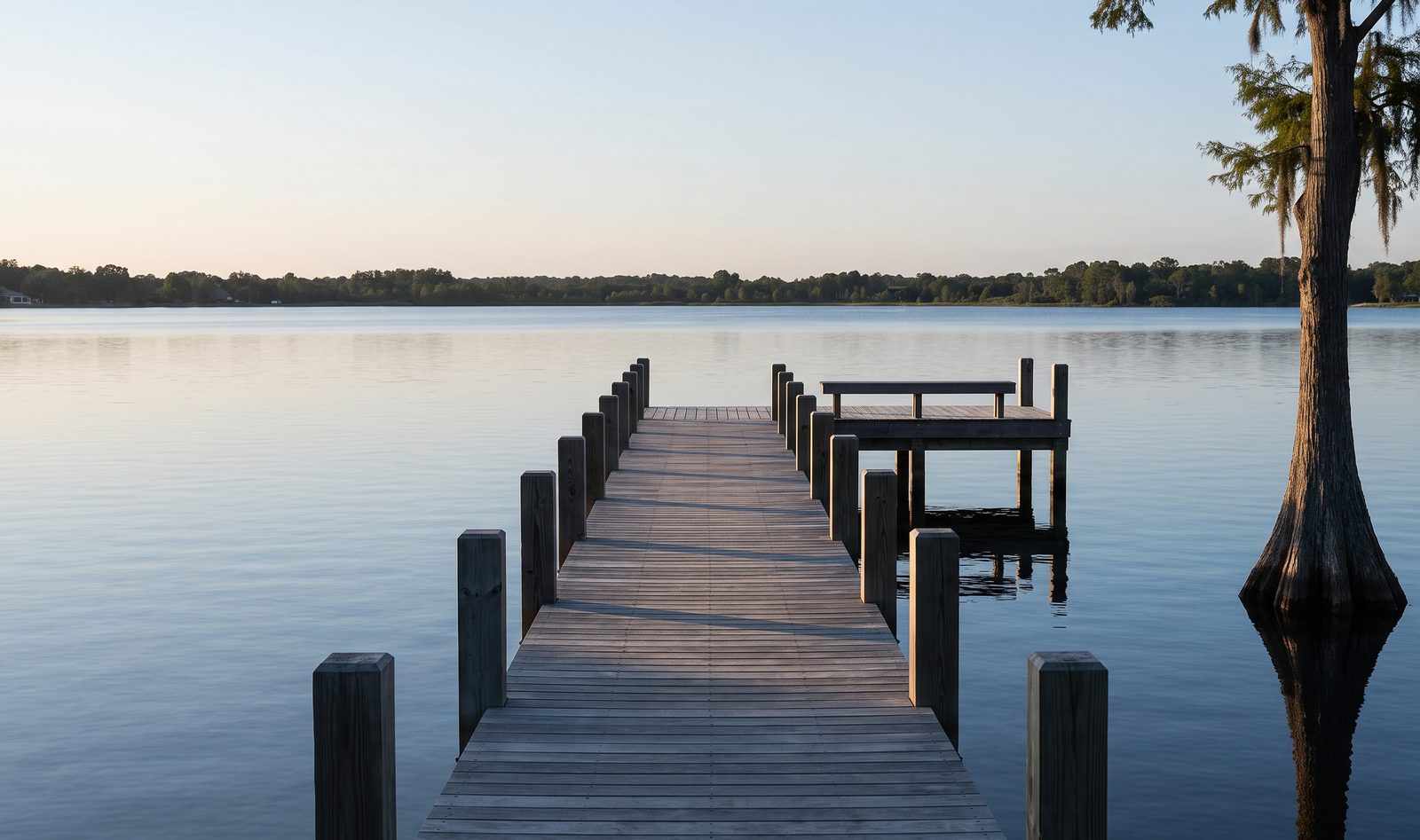 The dock at the end of the lawn with its covered slip and boat lift, seen at dusk