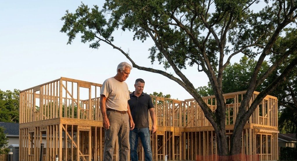 Aurelio and Miguel Castellano standing on a slab in front of a framed house, both looking at the framing rather than at the camera