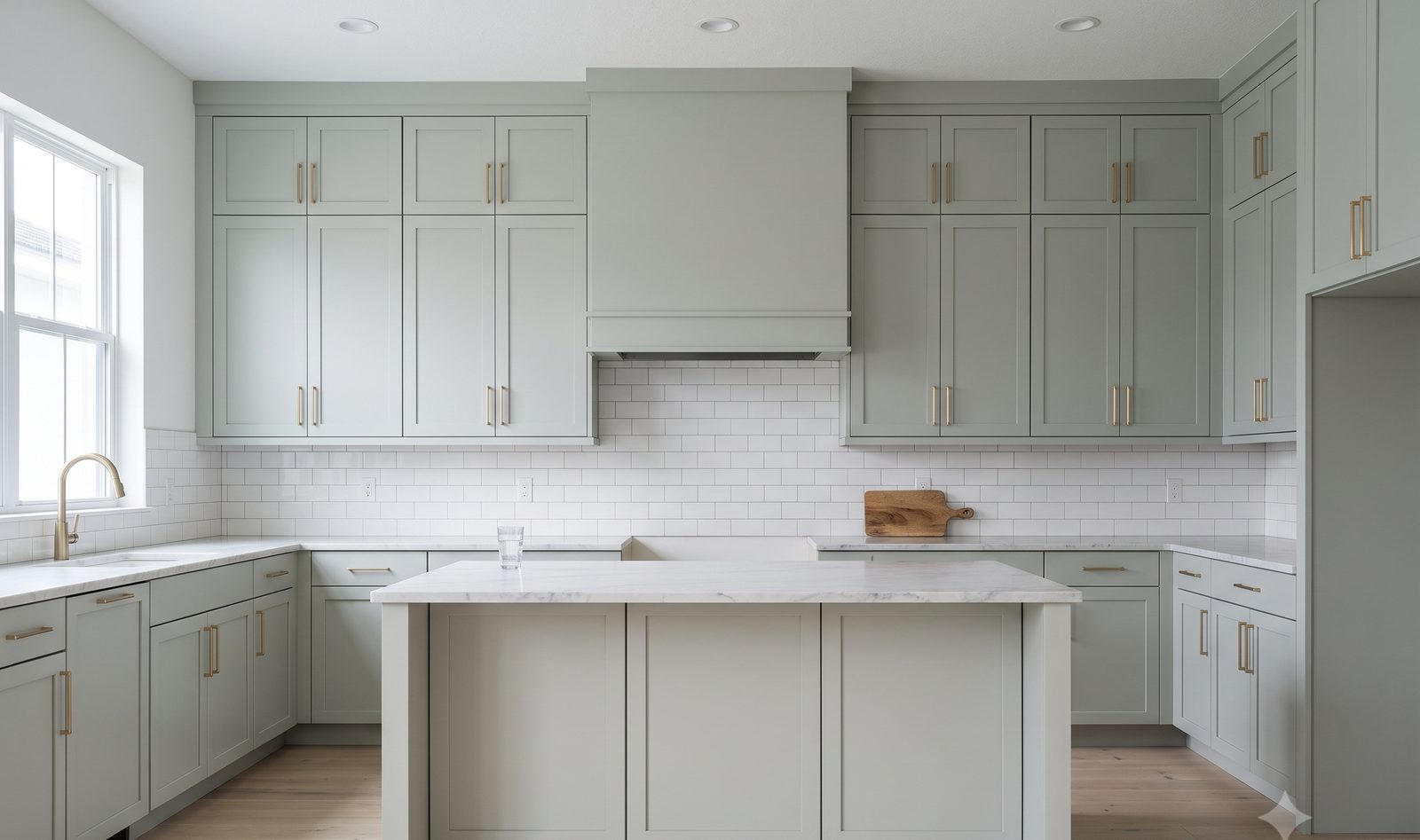 The kitchen in sage green cabinetry with brass pulls and a marble island under pendant lights