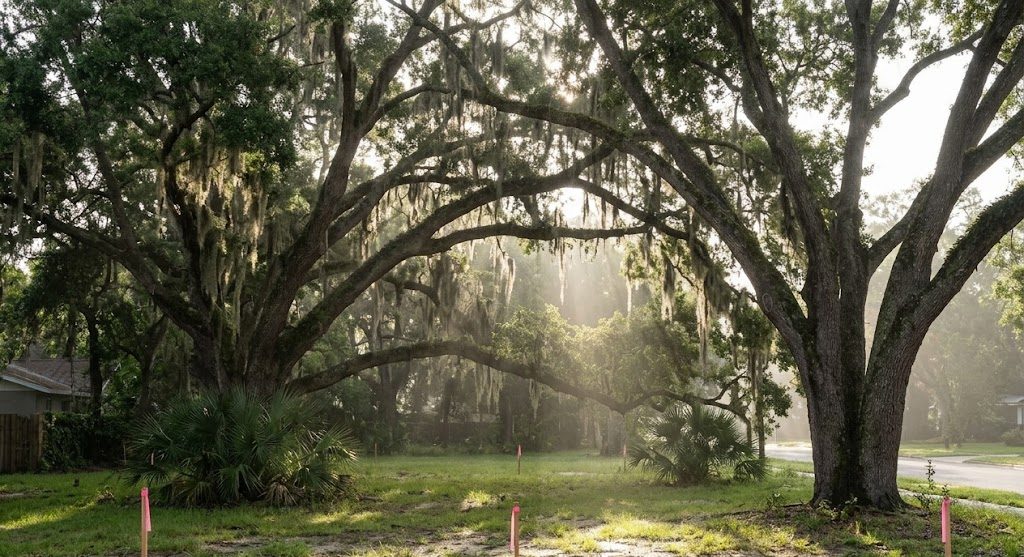 An empty Winter Park lot in morning mist, two live oaks standing over survey stakes and orange tree protection fencing