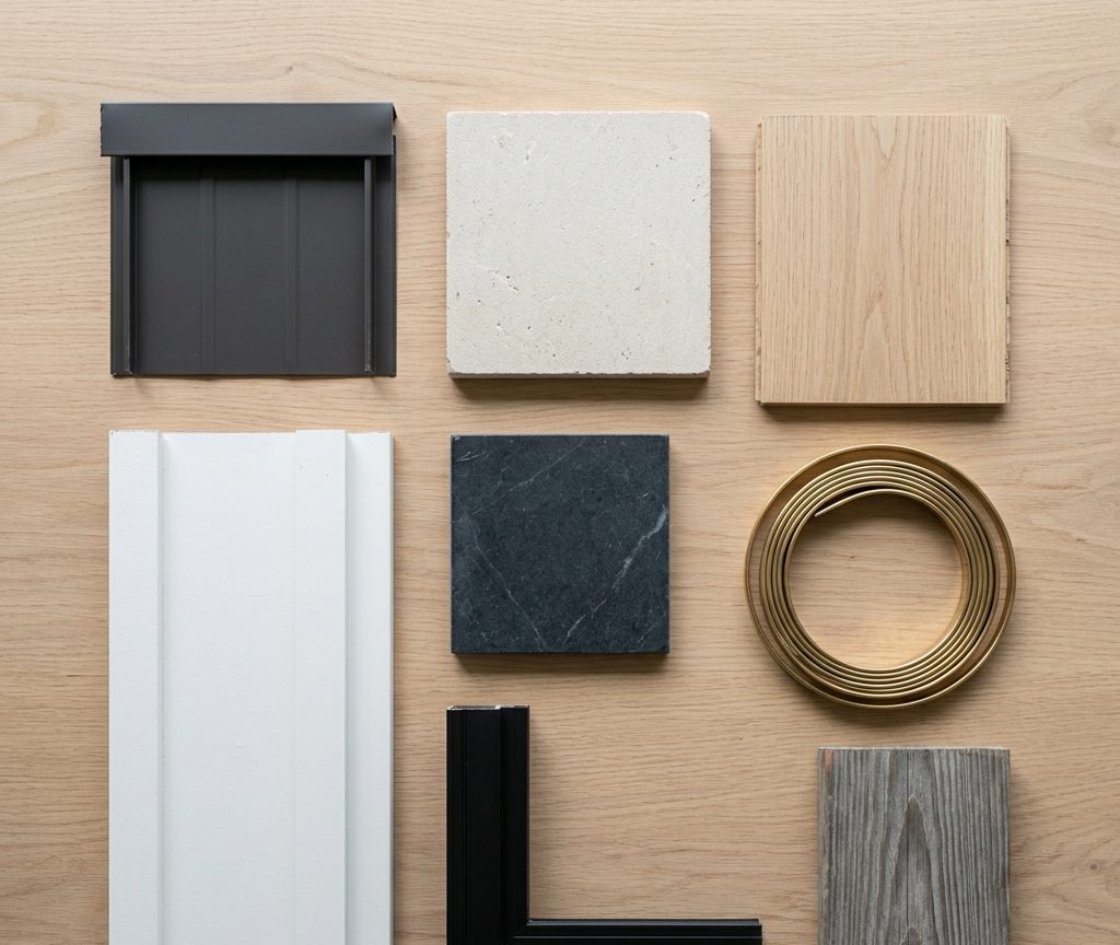 Material samples laid out on a bench and photographed from directly above: a standing seam metal panel, board and batten siding, soapstone, white oak flooring and brass hardware