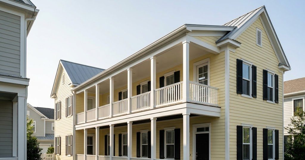 The New Broad house from the sidewalk, pale yellow siding with two stacked side porches and black shutters