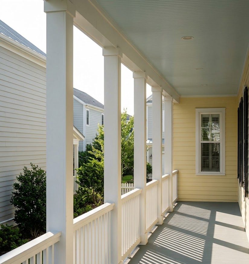 Along the upper porch, square columns throwing shadows down the length of the deck