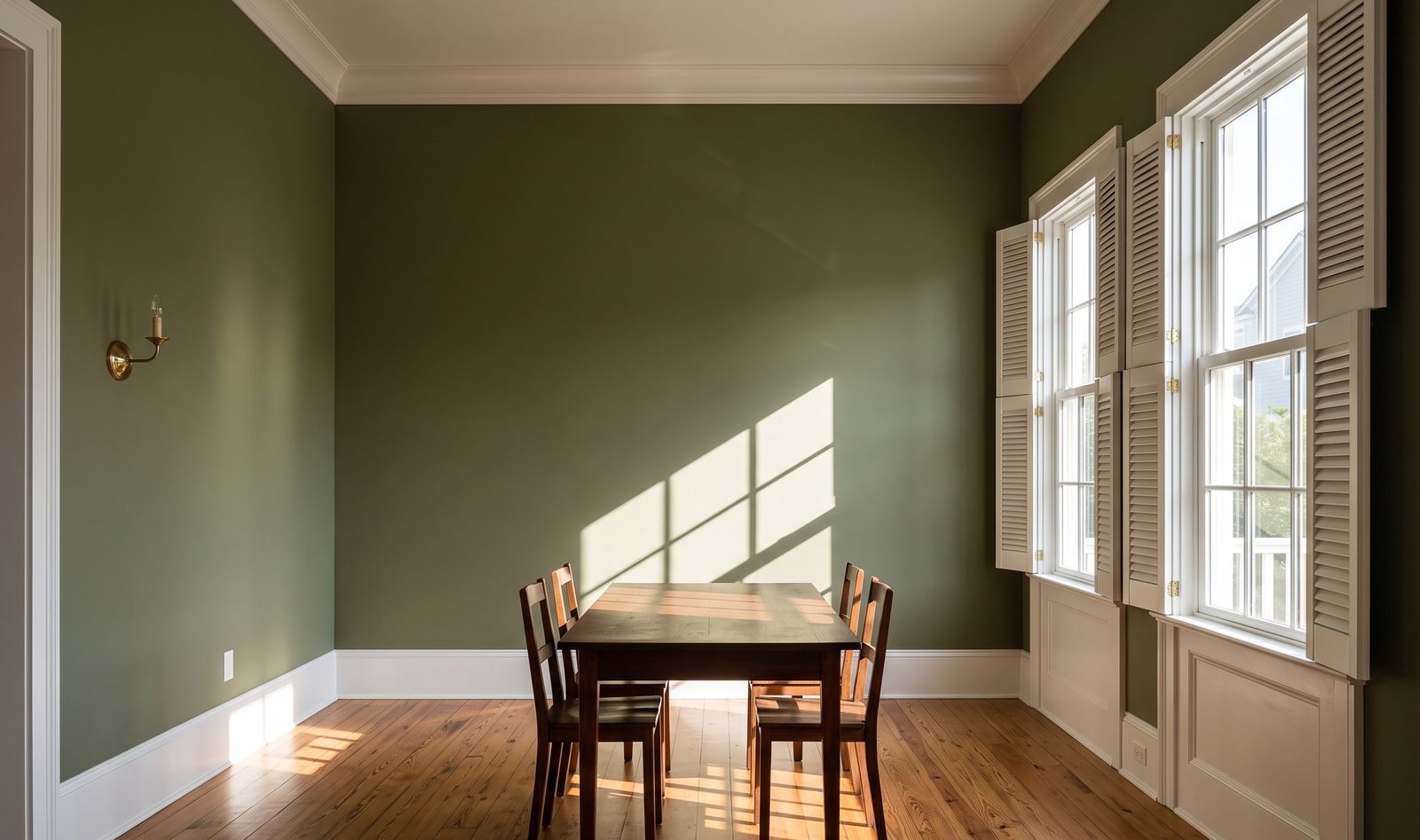 The dining room with olive painted walls, heart pine floor and a long table under a simple fixture