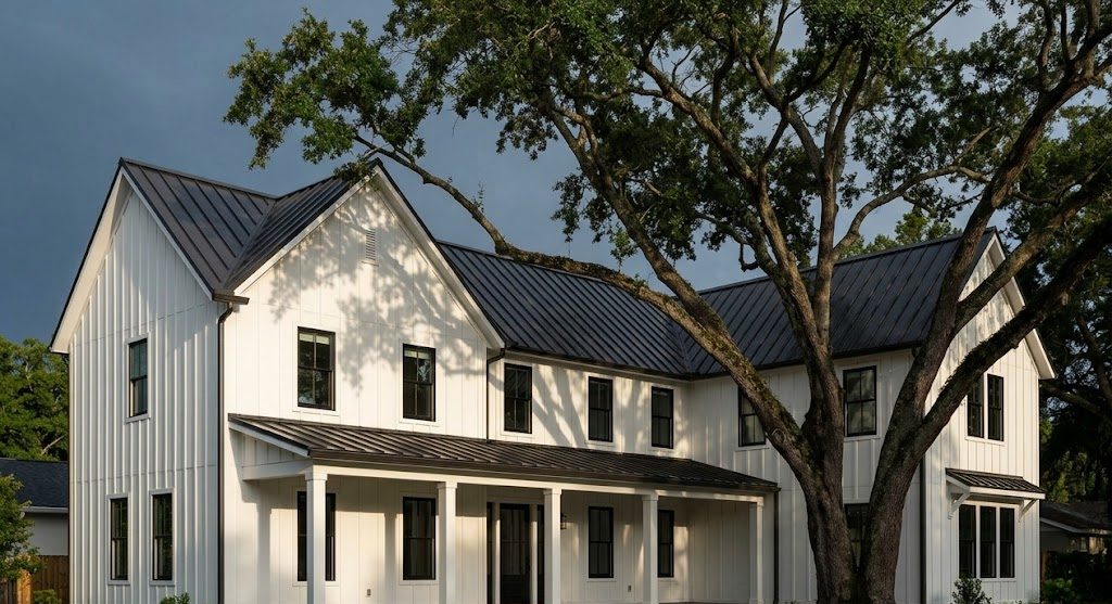 The Via Tuscany house finished, seen from the street under a dark sky, with two live oaks standing over the driveway