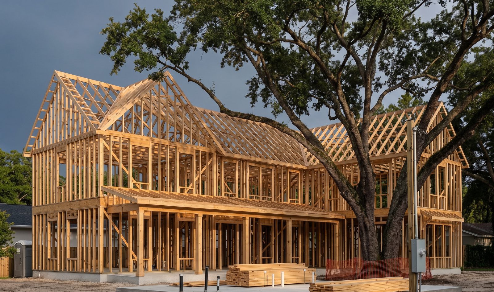 The house framed in bare timber with the sky visible through the roof trusses, stacks of lumber on the slab