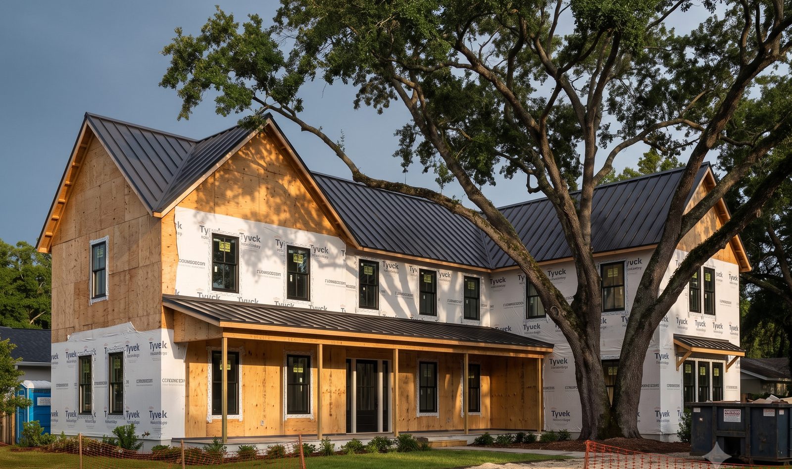The house wrapped in white housewrap with the dark standing seam metal roof and black windows installed