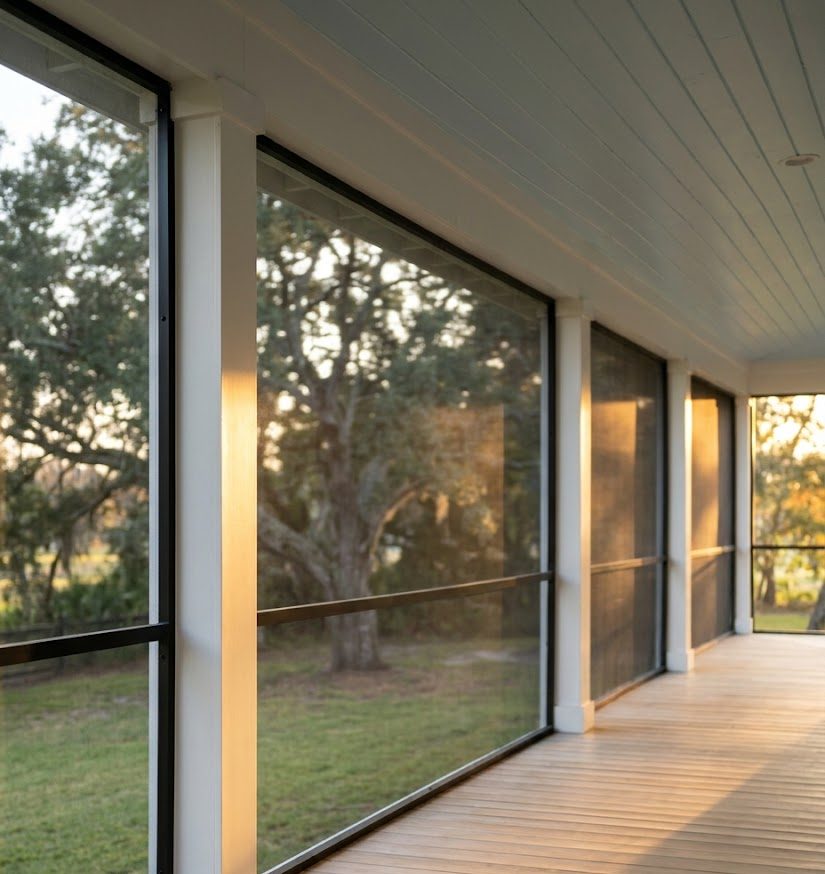 The screened back porch at last light, seen through the mesh, with the ceiling fan and the oak beyond