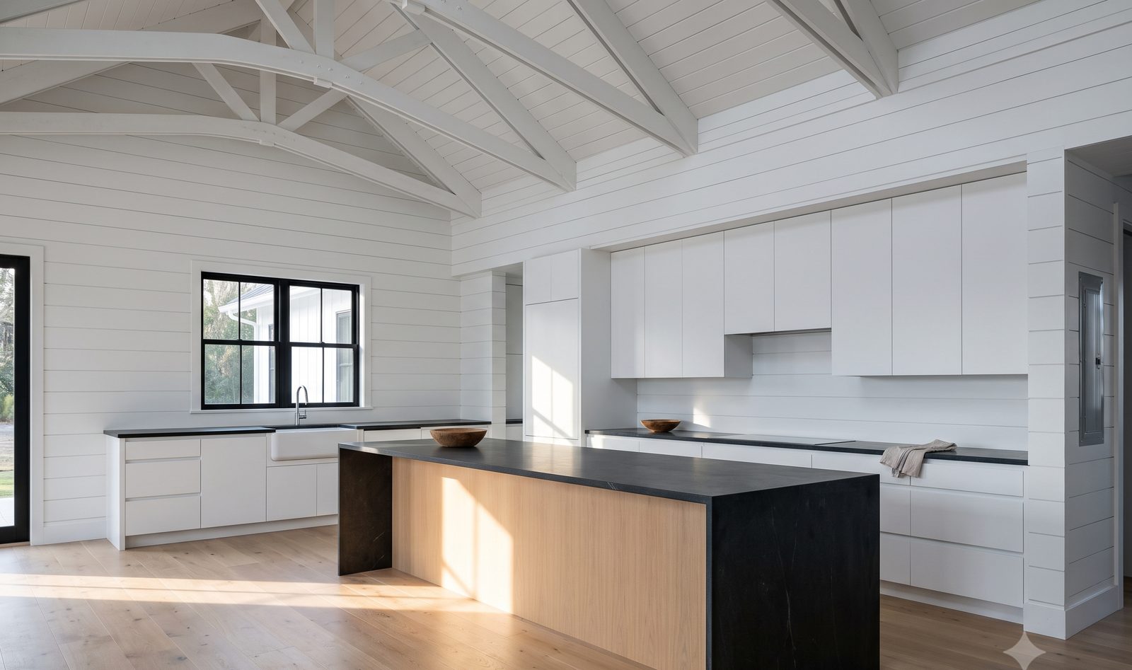 The kitchen and great room with painted white trusses overhead, a soapstone island and black framed windows across the back wall