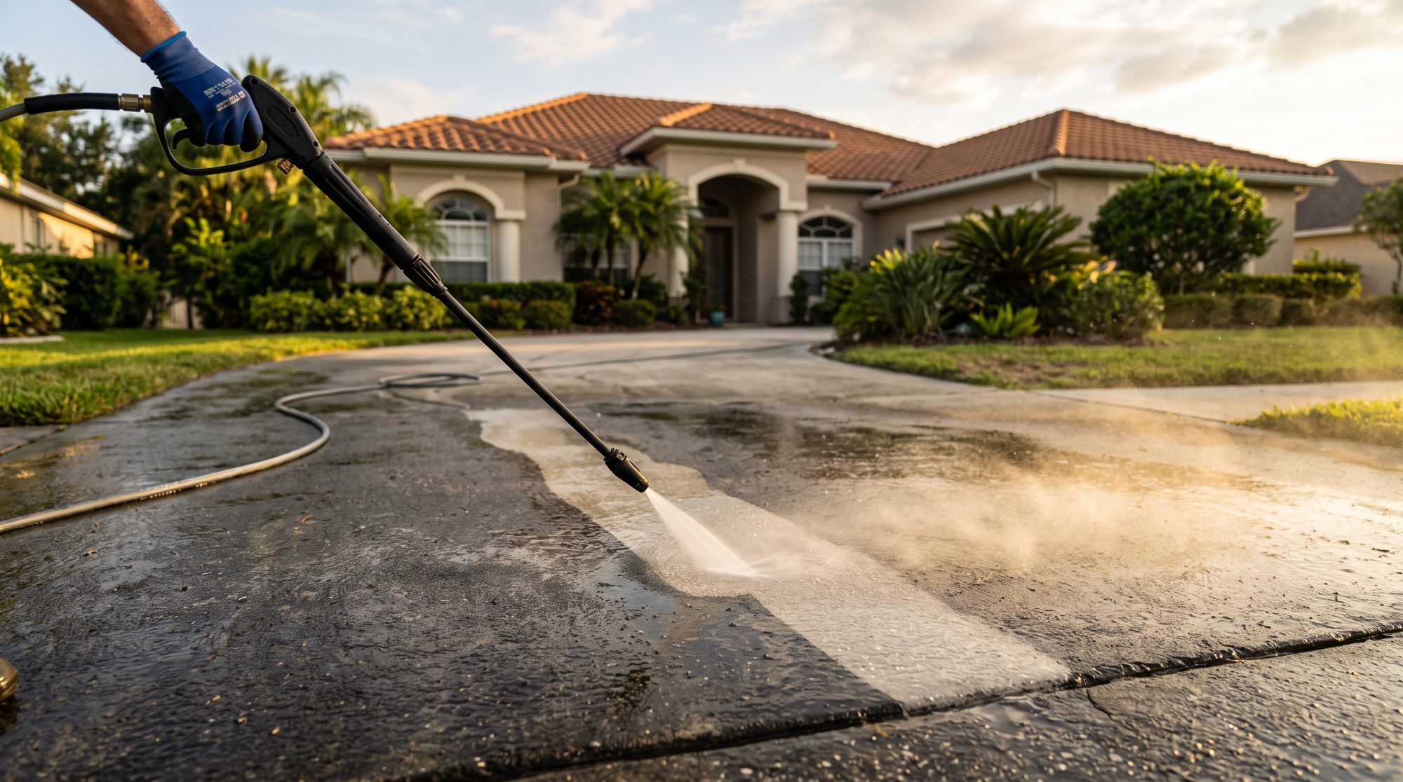 A pressure washer wand cutting a clean wet line diagonally across a grimy Orlando driveway in late afternoon light