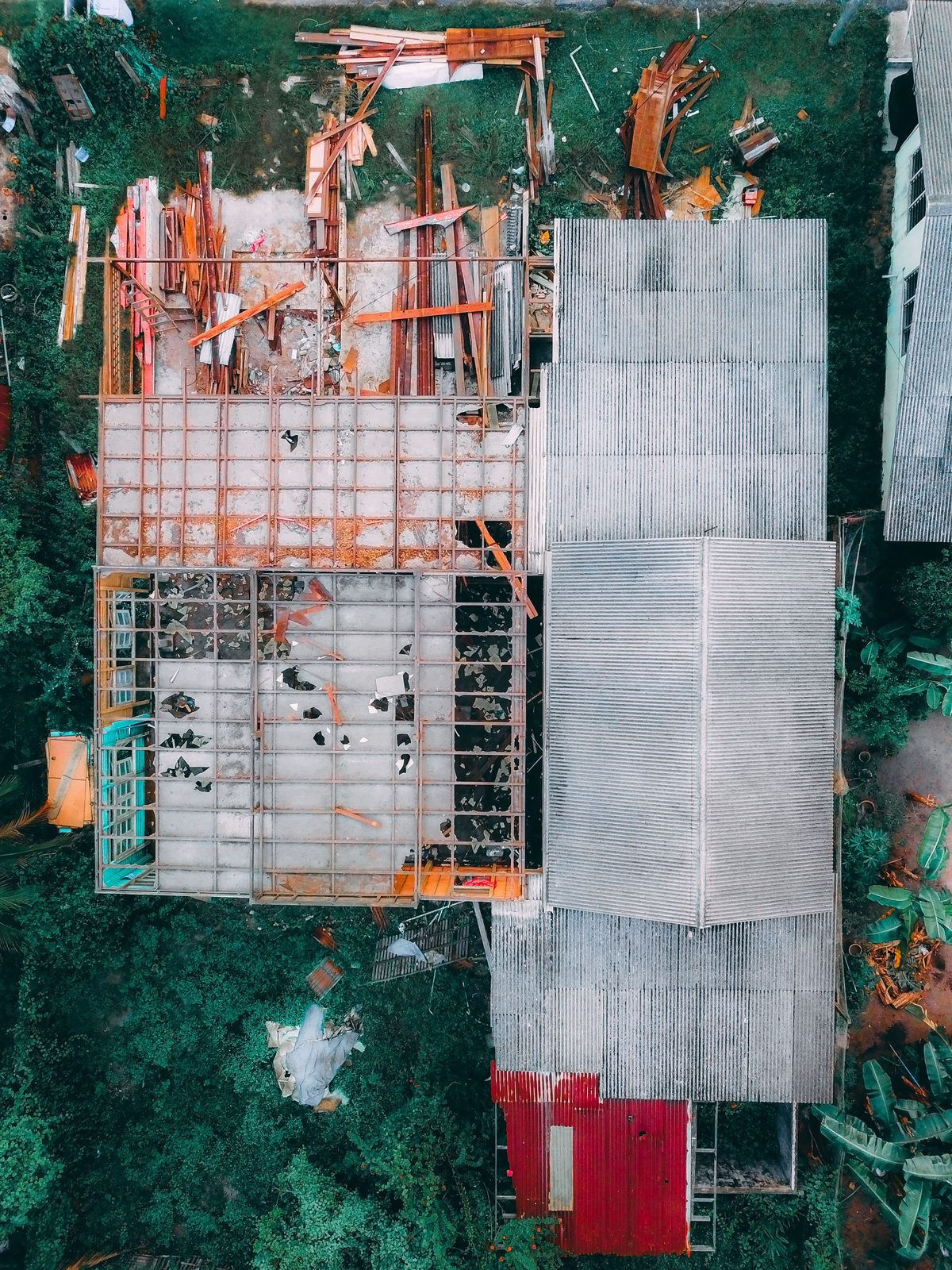 Aerial view of storm-wrecked roof structure