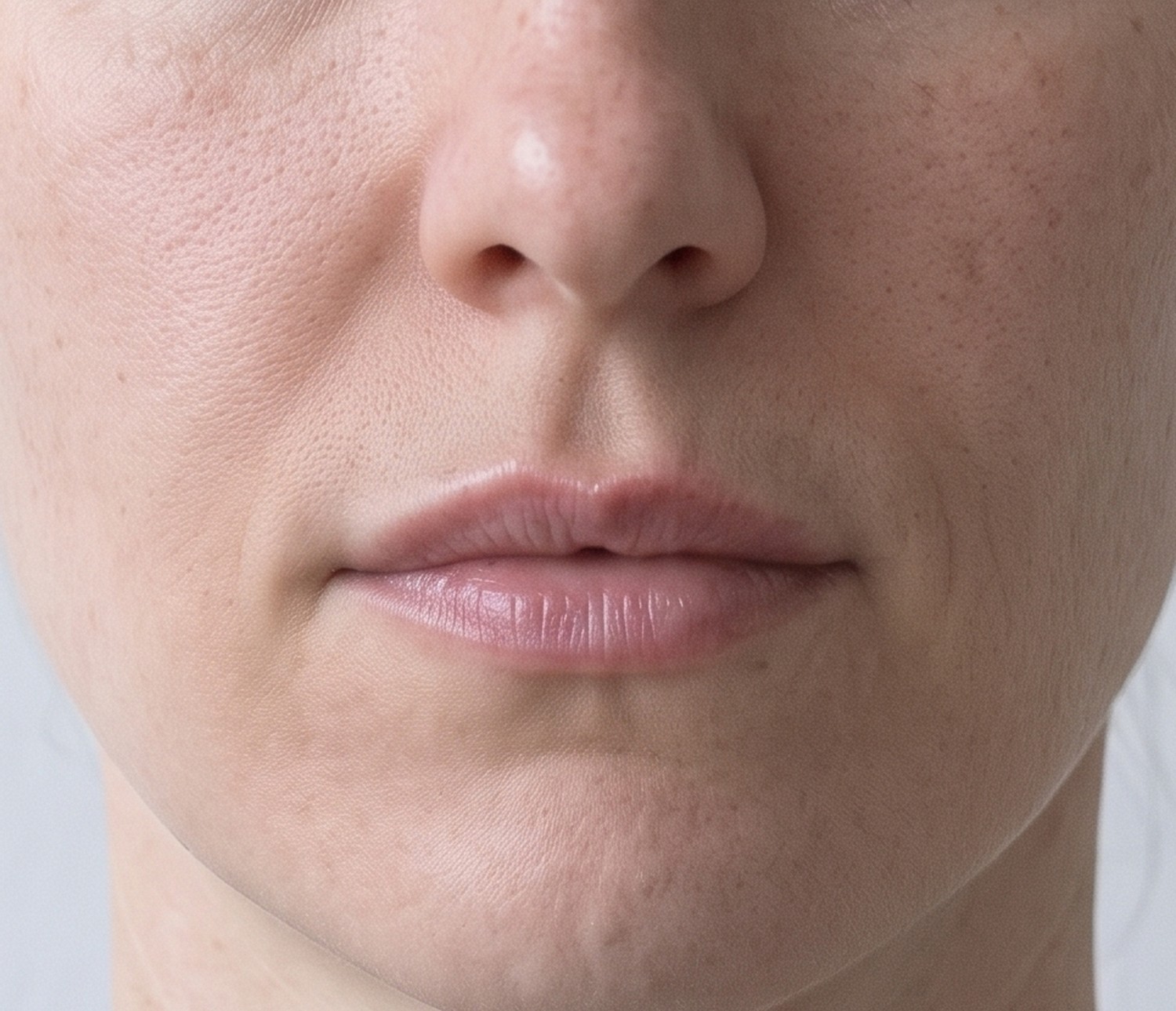 The same woman in the same window and the same neutral expression, two weeks after one syringe of filler.