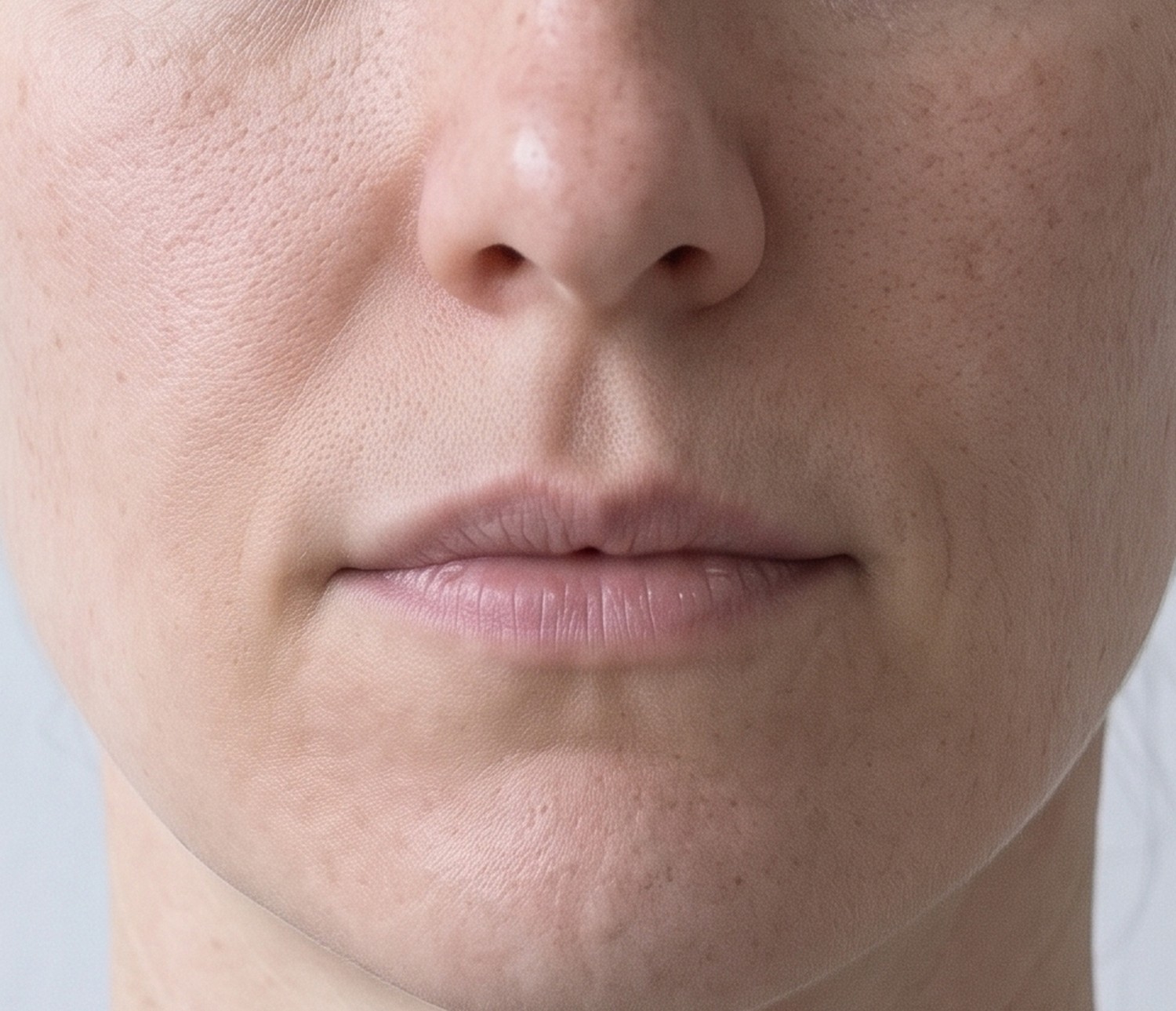 A woman photographed straight on in the north window with a neutral expression and no makeup, before lip filler.