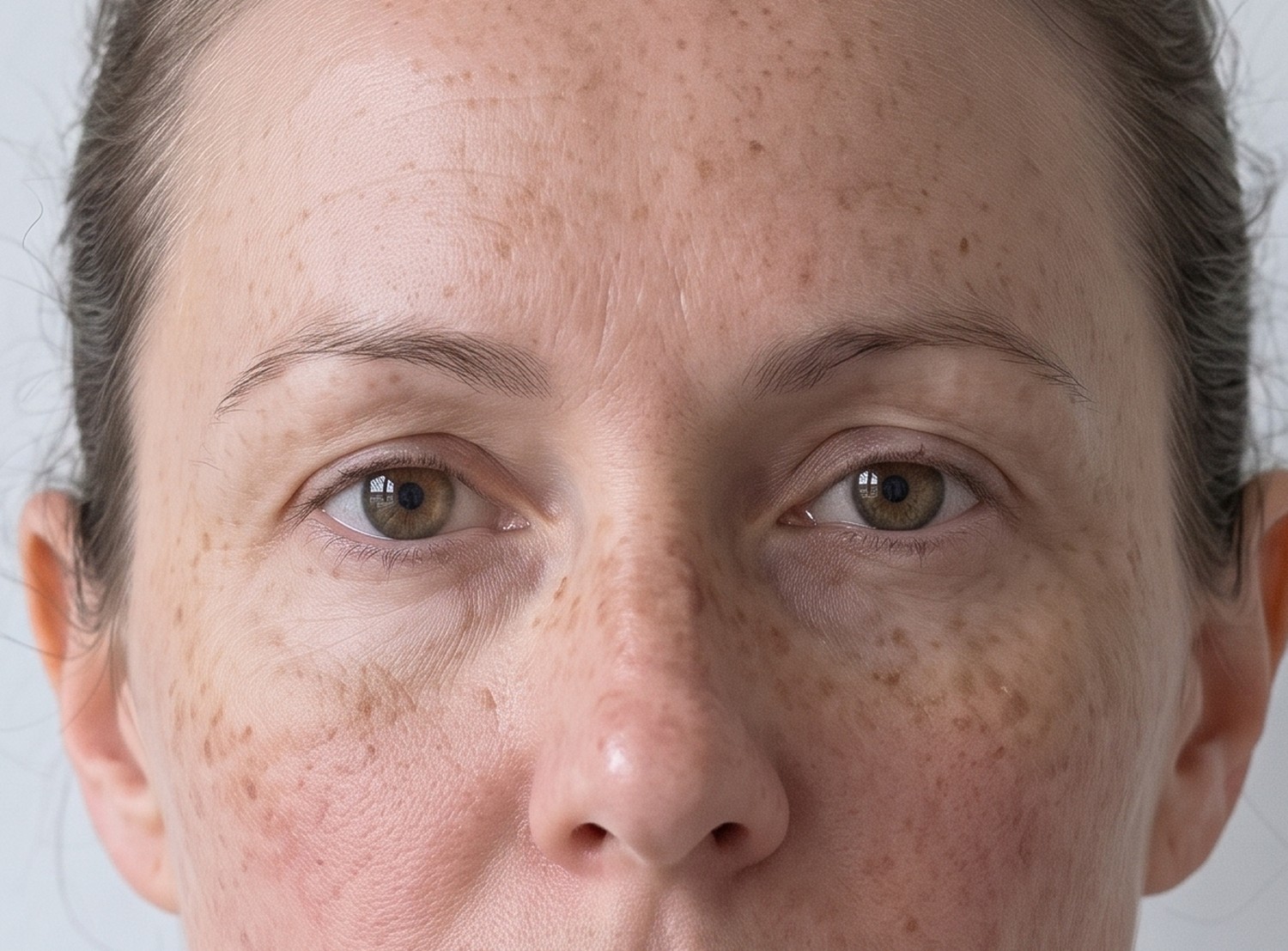 A woman photographed straight on in the north window with bare skin and no makeup, before any skin treatment.