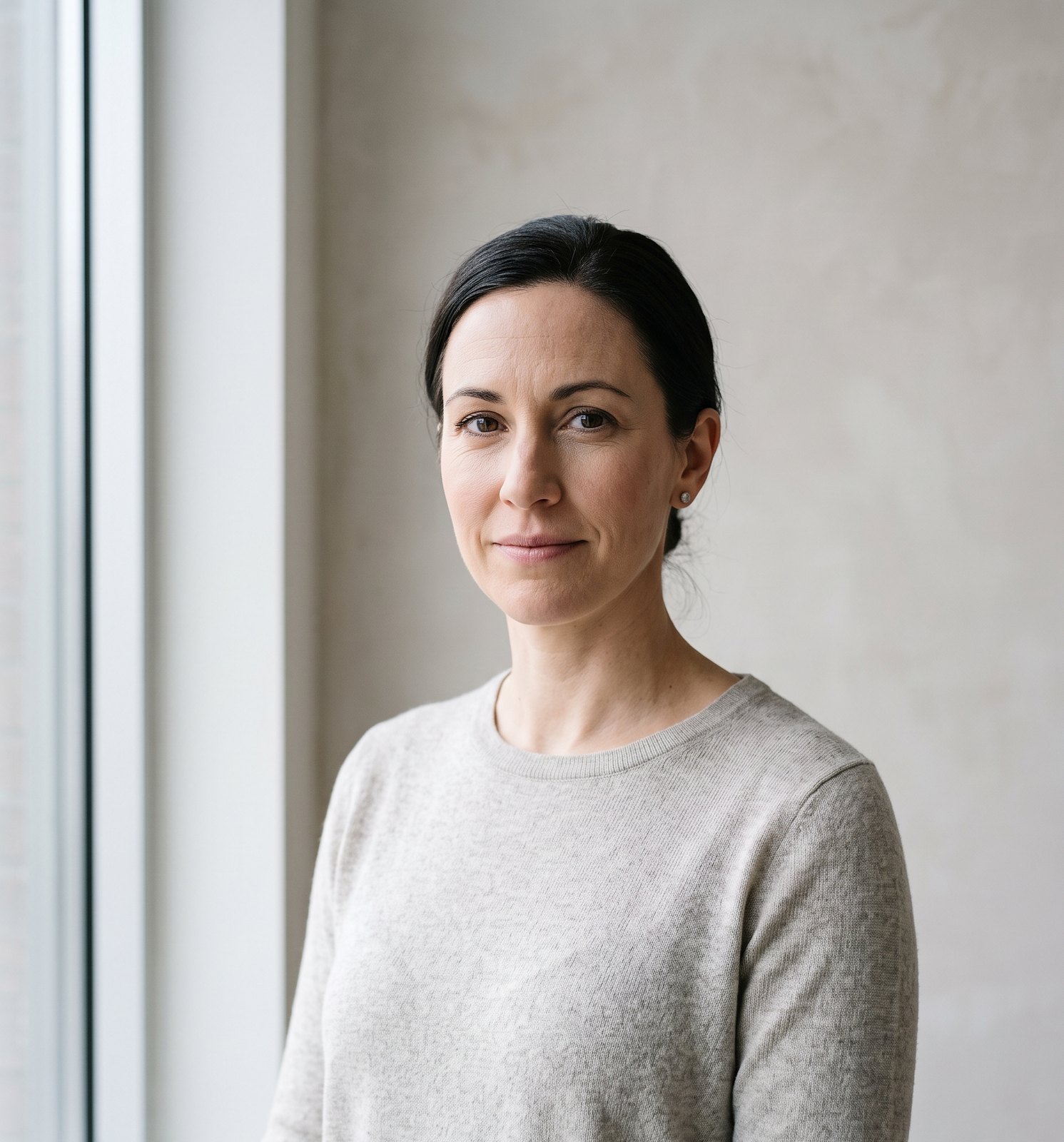 Camille Roux standing beside the studio window in a grey sweater, looking straight at the camera.