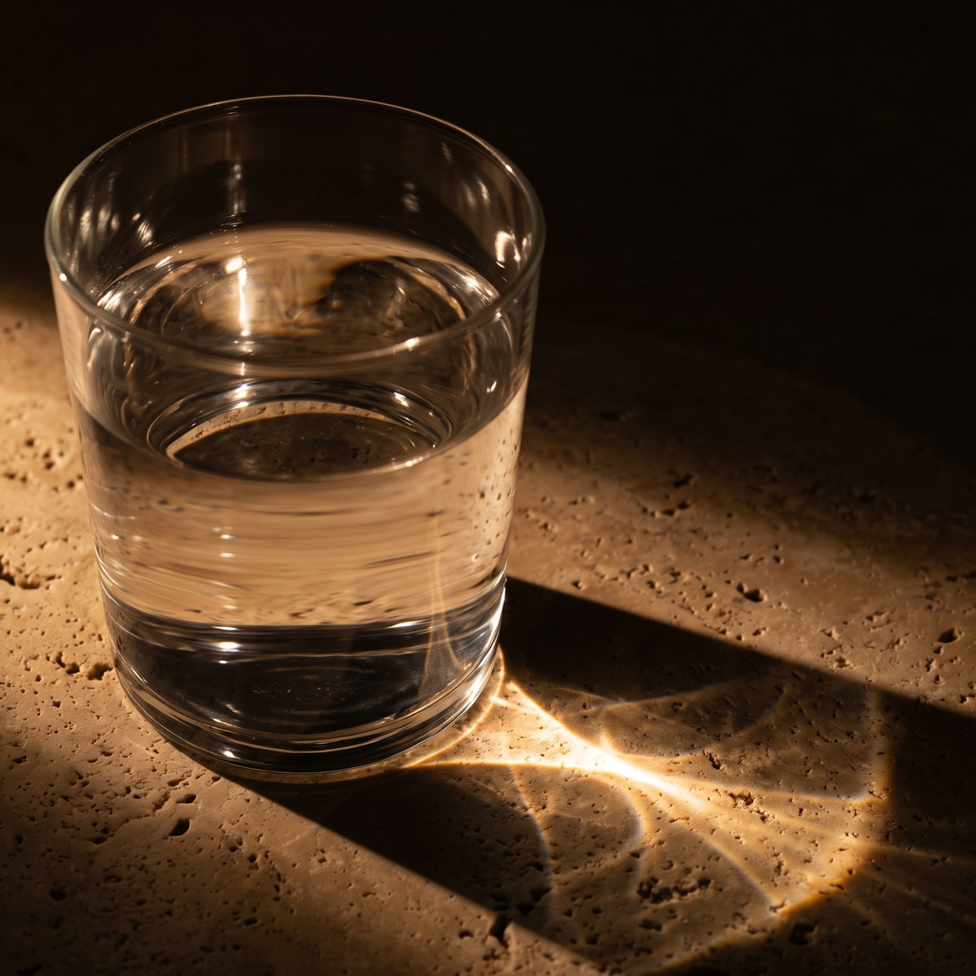 Close detail of still water in a shallow stone basin with a single ring of light on its surface.
